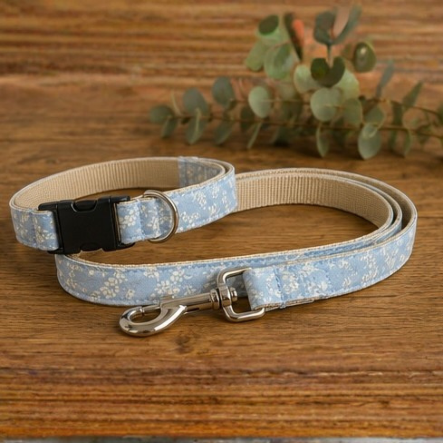 Blue Floral Dog Collar & Lead Set