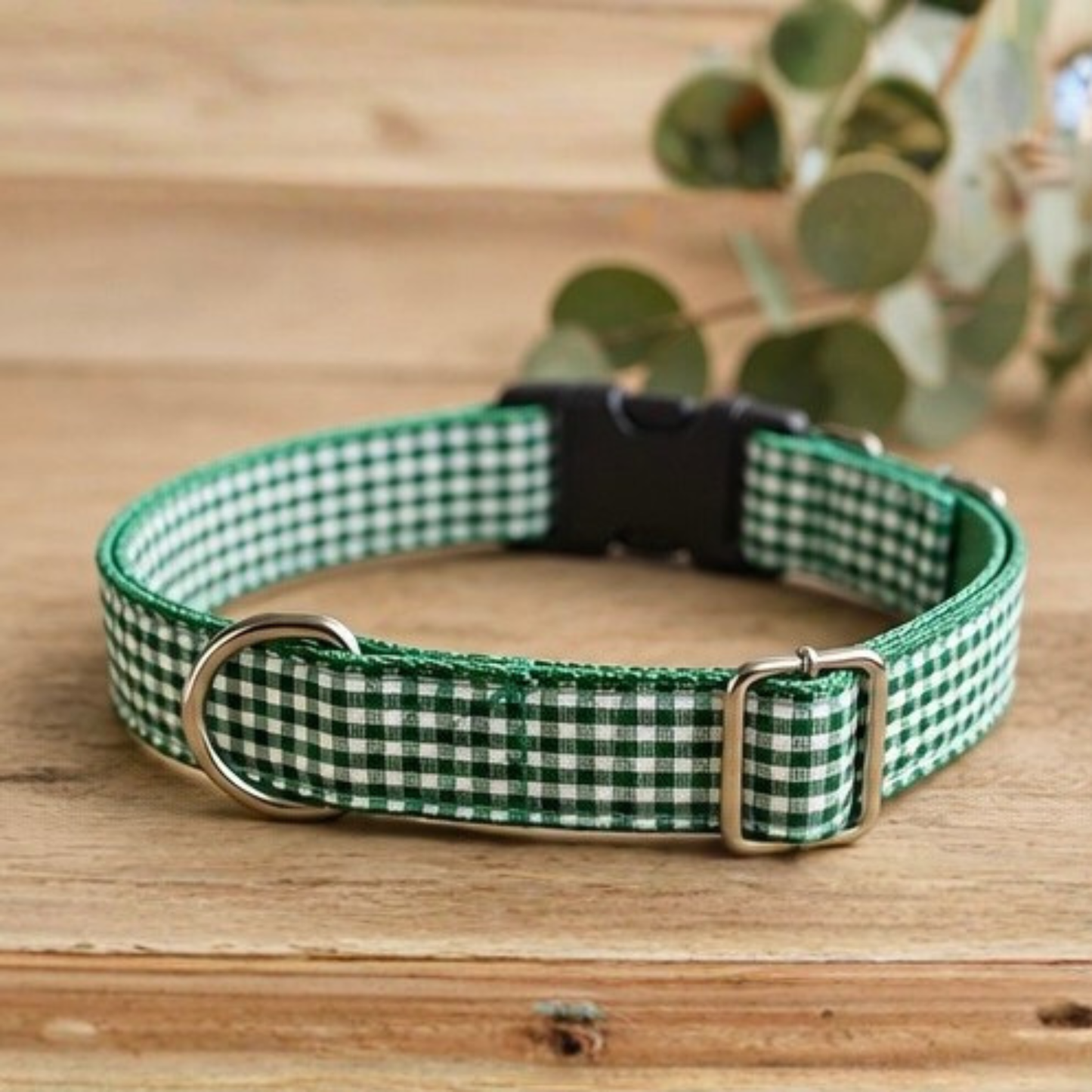 Green & White Gingham Dog Collar and Lead Set