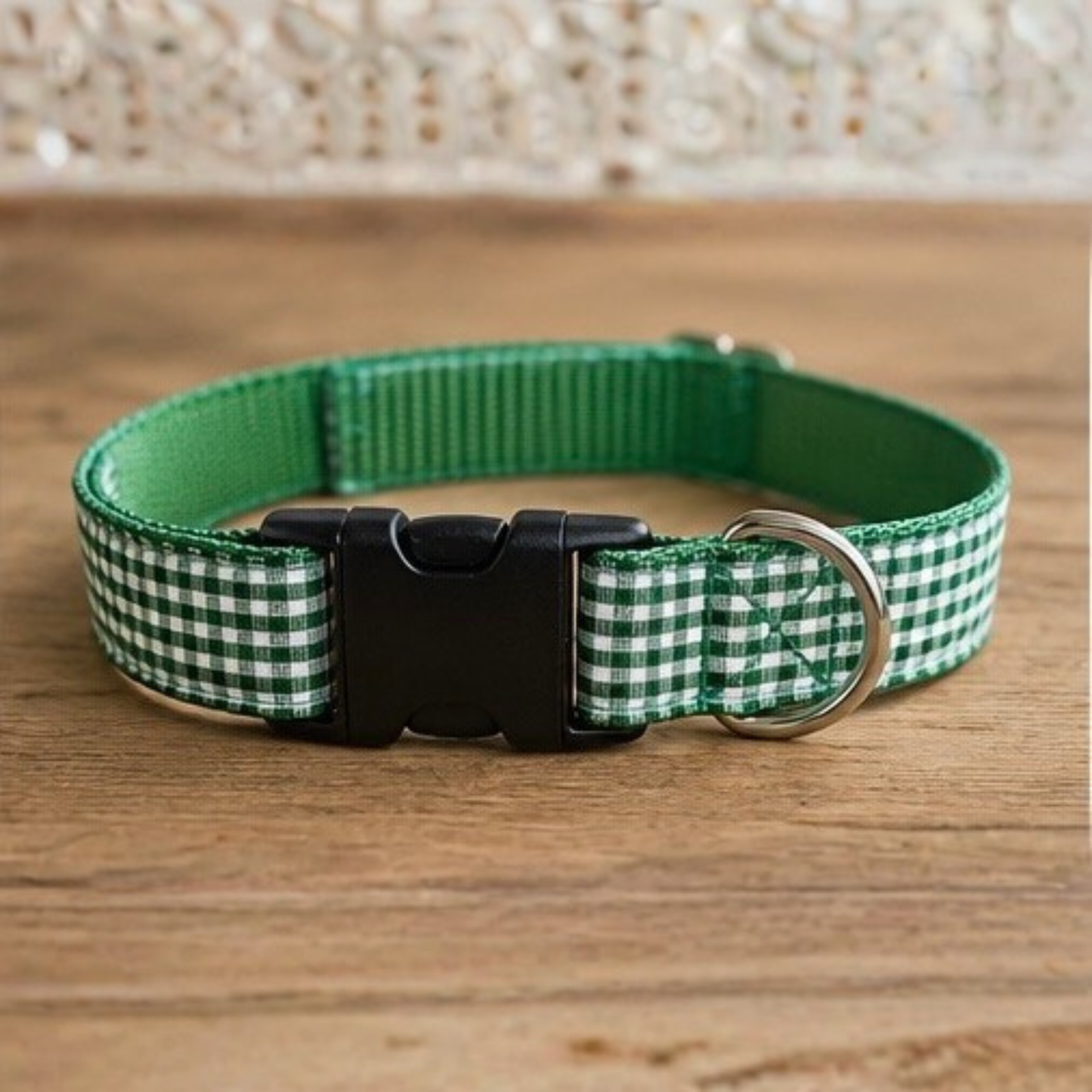 Green & White Gingham Dog Collar and Lead Set