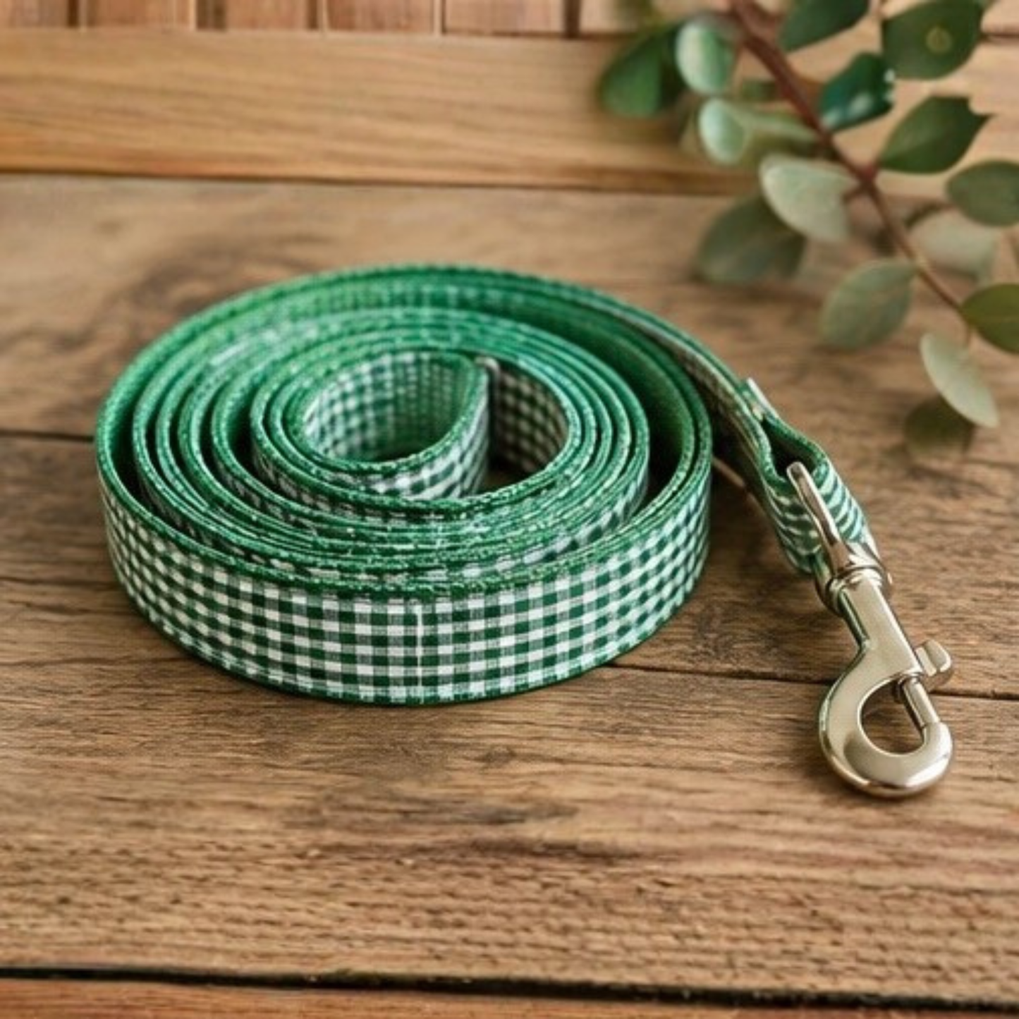 Green & White Gingham Dog Collar and Lead Set