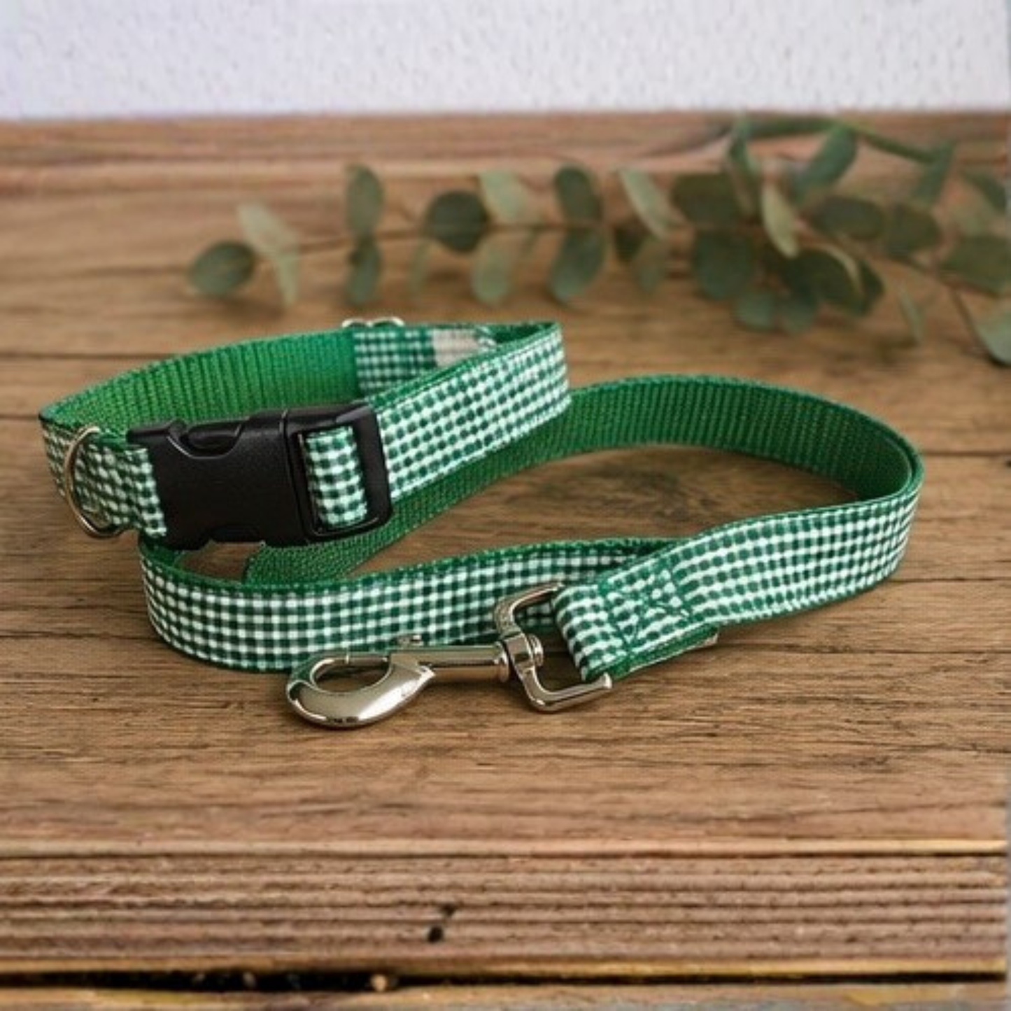 Green & White Gingham Dog Collar and Lead Set