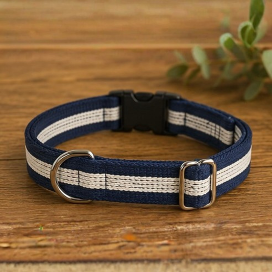 Navy and Ecru Striped Dog Collar & Lead Set