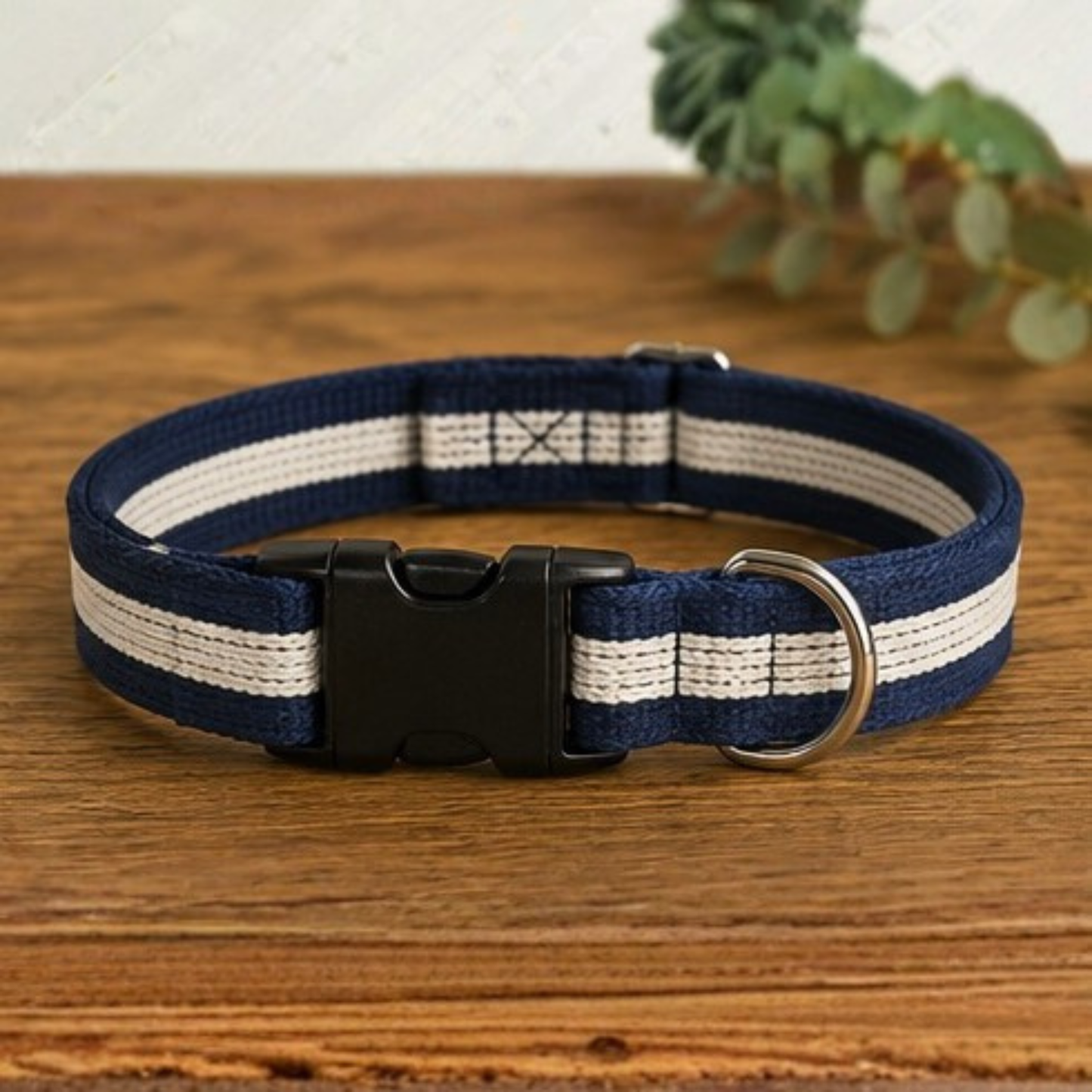 Navy and Ecru Striped Dog Collar & Lead Set