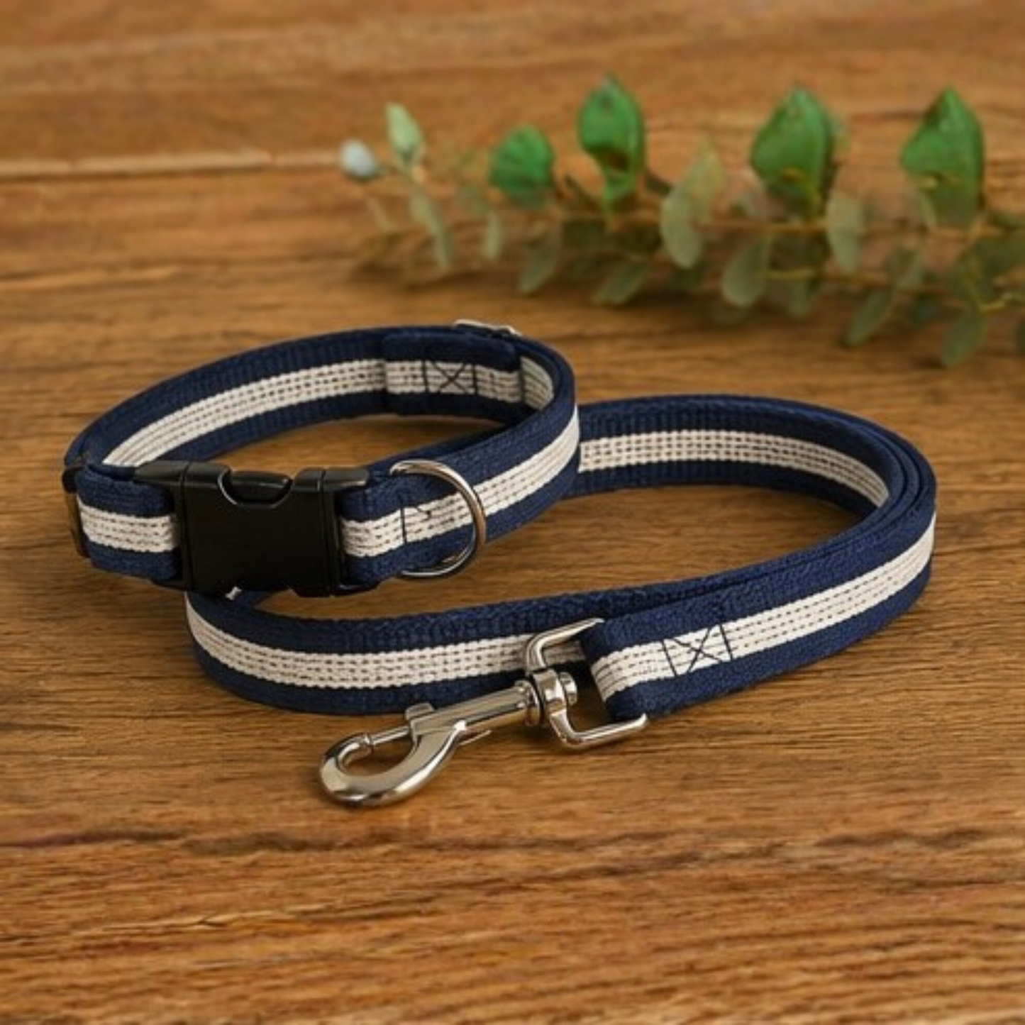 Navy and Ecru Striped Dog Collar & Lead Set